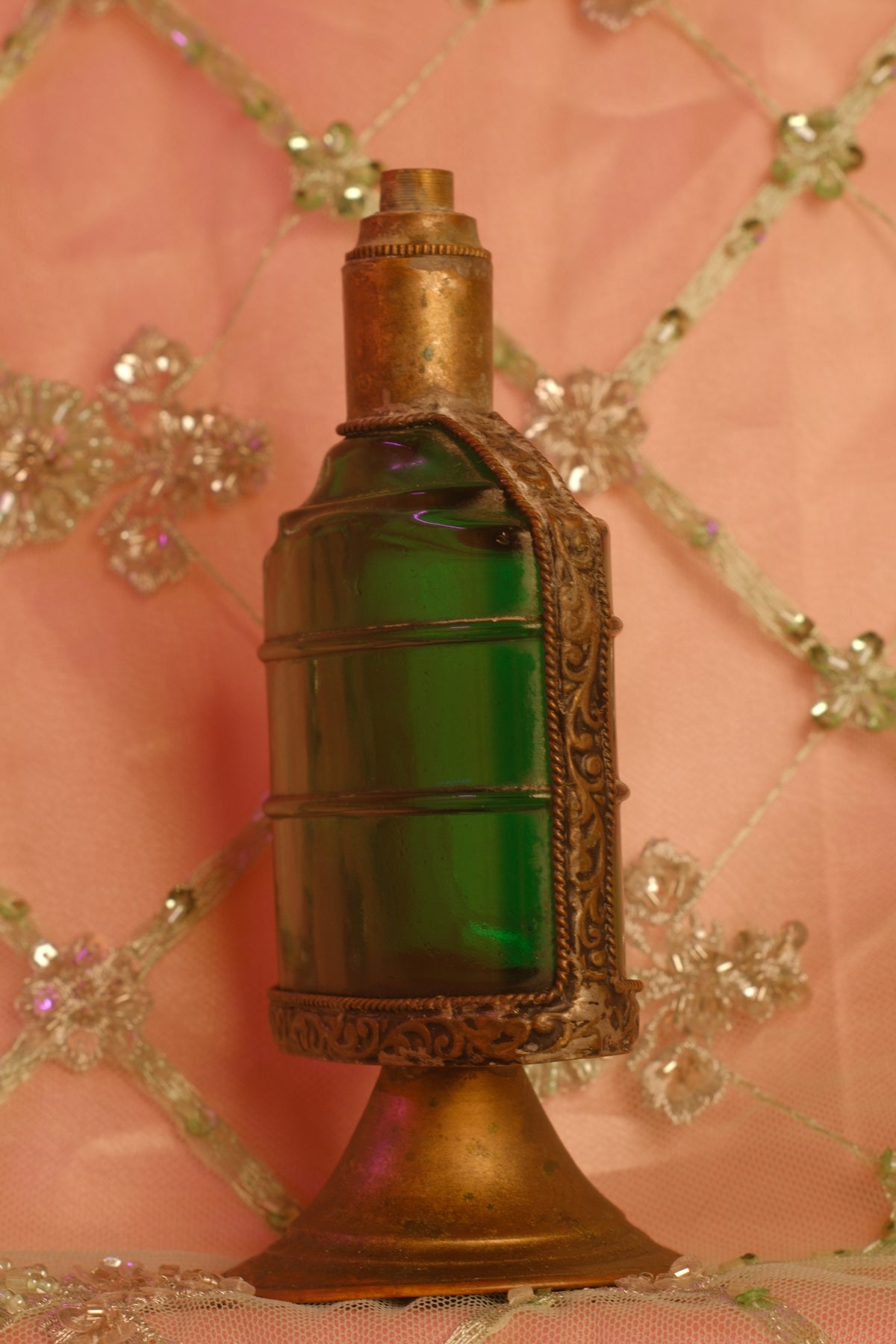 Antique Bohemian Emerald Green Glass Flacon with Brass Mount
