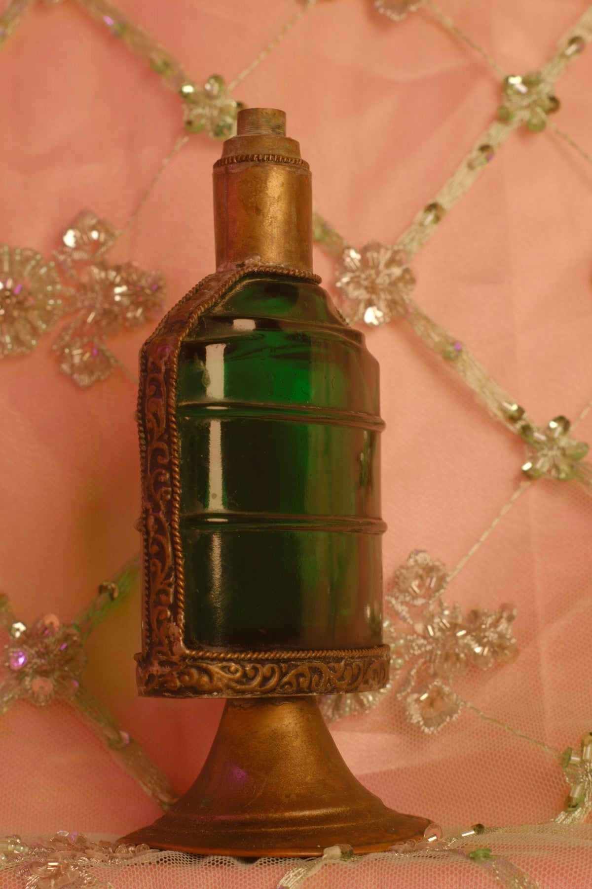Antique Bohemian Emerald Green Glass Flacon with Brass Mount