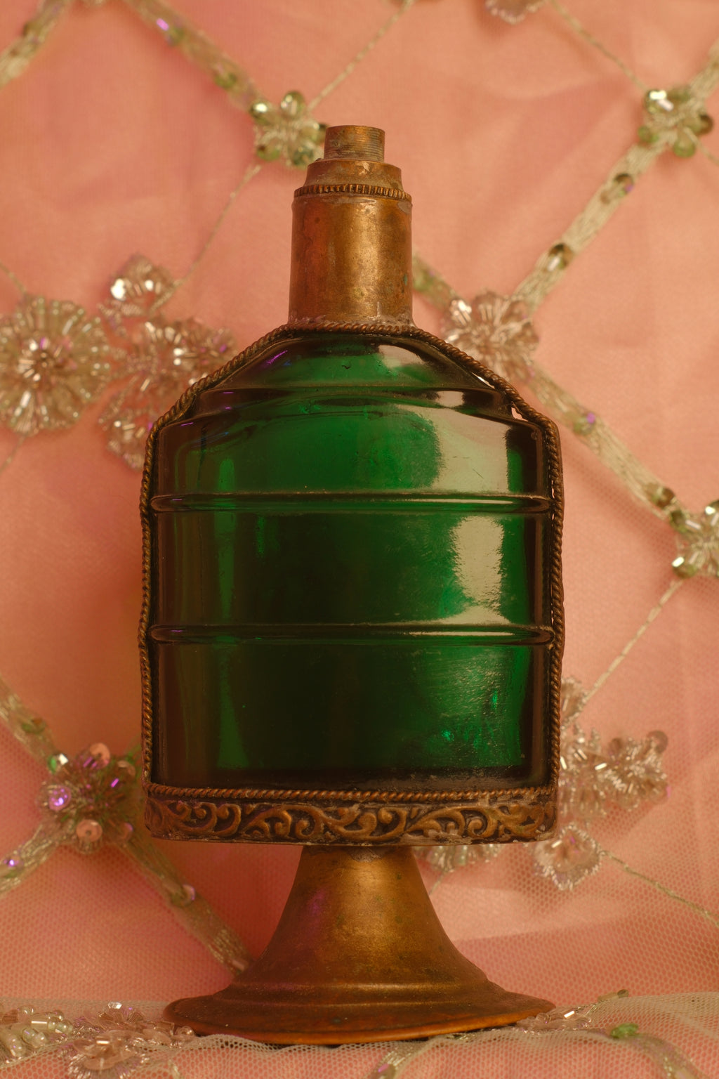 Antique Bohemian Emerald Green Glass Flacon with Brass Mount
