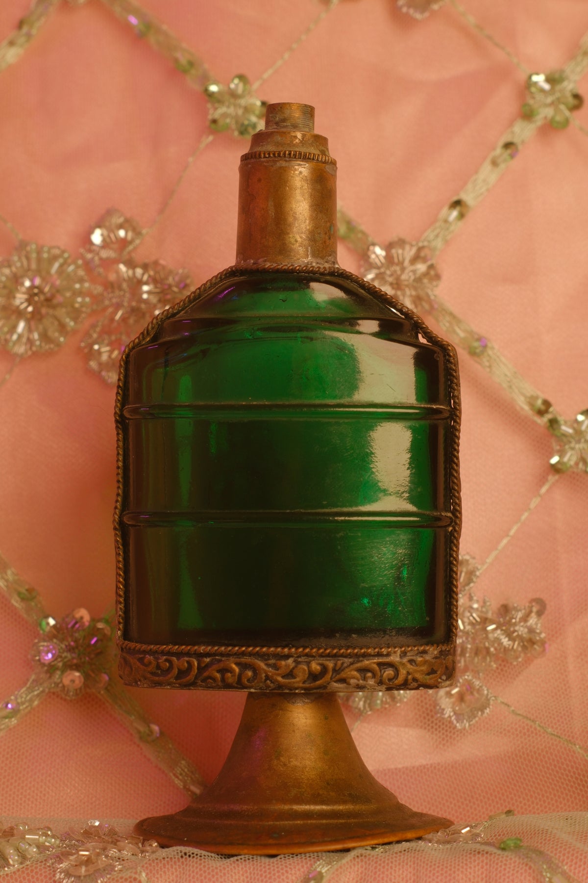 Antique Bohemian Emerald Green Glass Flacon with Brass Mount