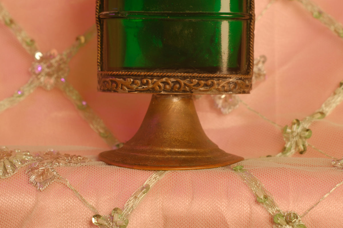 Antique Bohemian Emerald Green Glass Flacon with Brass Mount