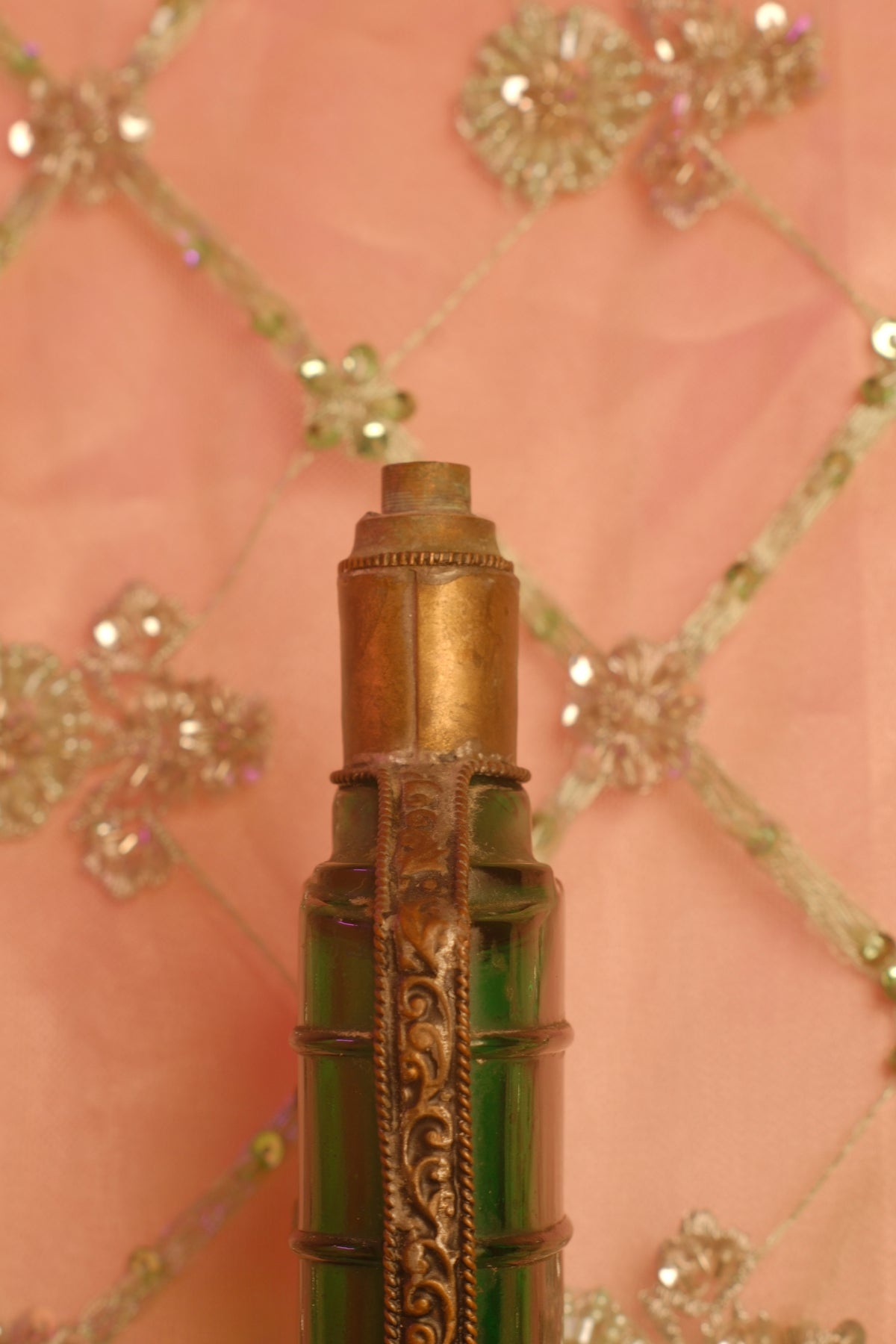Antique Bohemian Emerald Green Glass Flacon with Brass Mount
