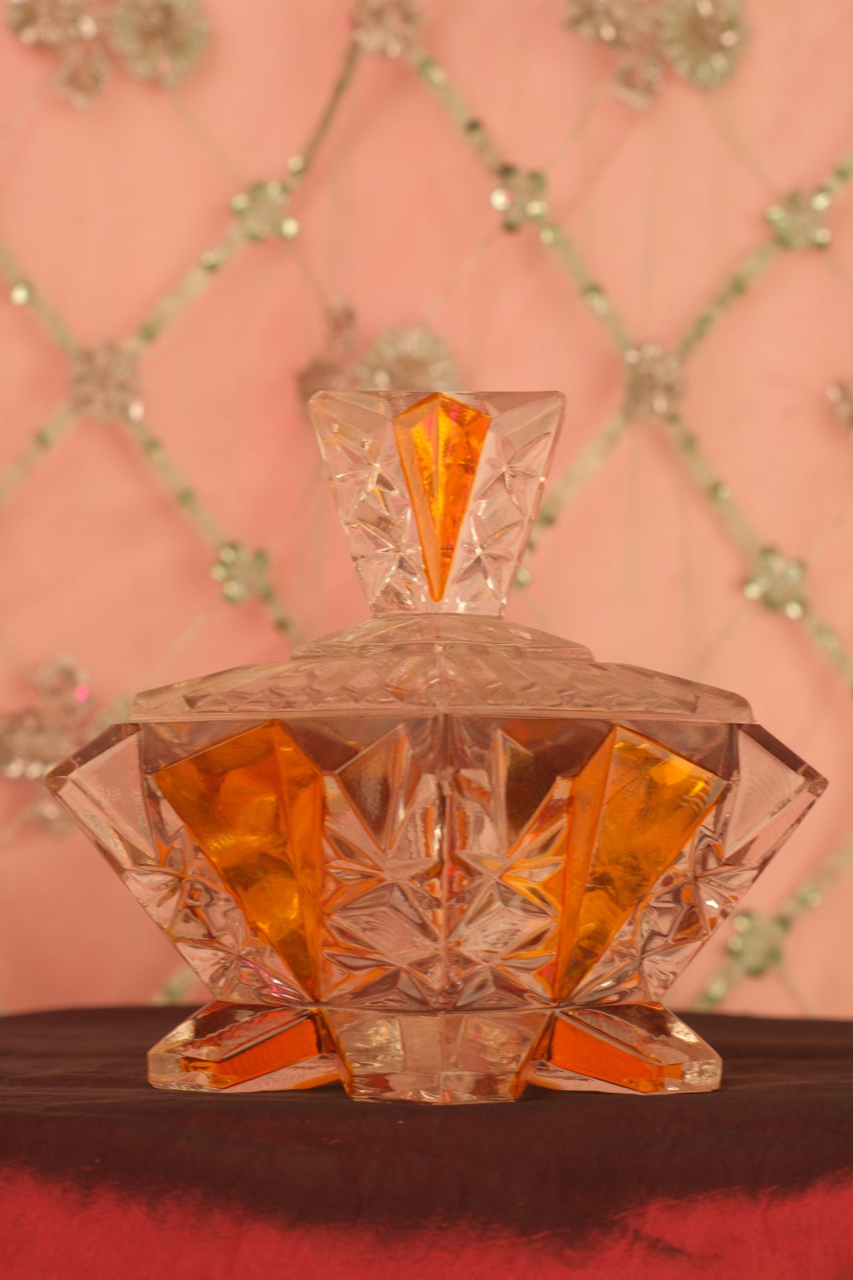 Art Deco Amber Boudoir Vanity Cut-Glass Trinket Box – Luminous Antique Vessel