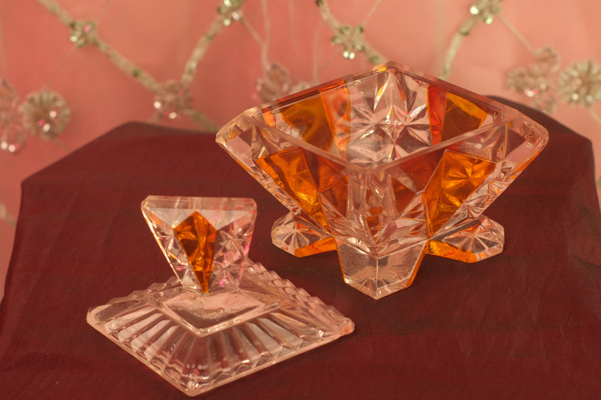 Art Deco Amber Boudoir Vanity Cut-Glass Trinket Box – Luminous Antique Vessel